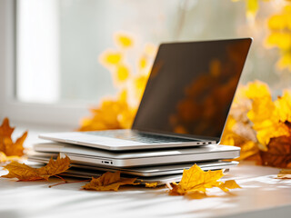 stack of  Laptop on light background with autumn leaves scattered around, warm cozy autumn vibe, sunlight, realistic photo style