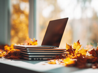 stack of  Laptop on light background with autumn leaves scattered around, warm cozy autumn vibe, sunlight, realistic photo style