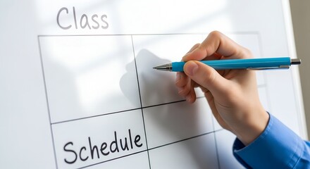 Hand writing the word schedule on a whiteboard with a blue pen during a class