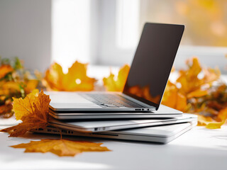 stack of  Laptop on light background with autumn leaves scattered around, warm cozy autumn vibe, sunlight, realistic photo style