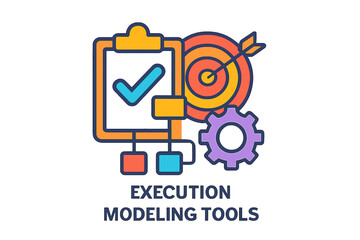 Obraz premium Execution modeling tools icon with checklist, target, and gears execution modeling tools