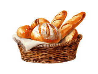Watercolor illustration of wicker basket filled with assorted breads baguette, rolls, round loaf, cozy rustic bakery style