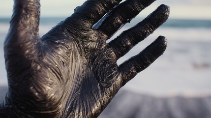 Close up hand covered in thick dark oil pollution against blurred seashore background