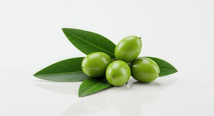 Fresh green olives with leaves on a white background