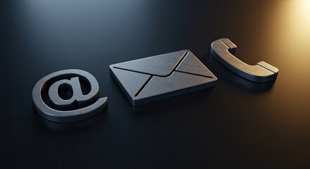 Metallic contact icons for email phone and address on a dark background with spotlight effect