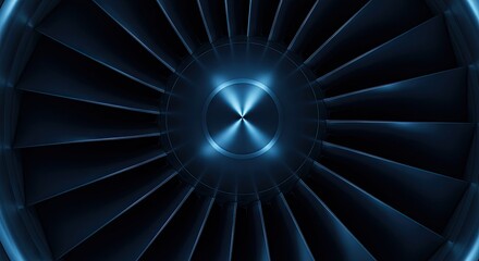 Close up of a powerful jet engine turbine with futuristic blue lighting and intricate blades