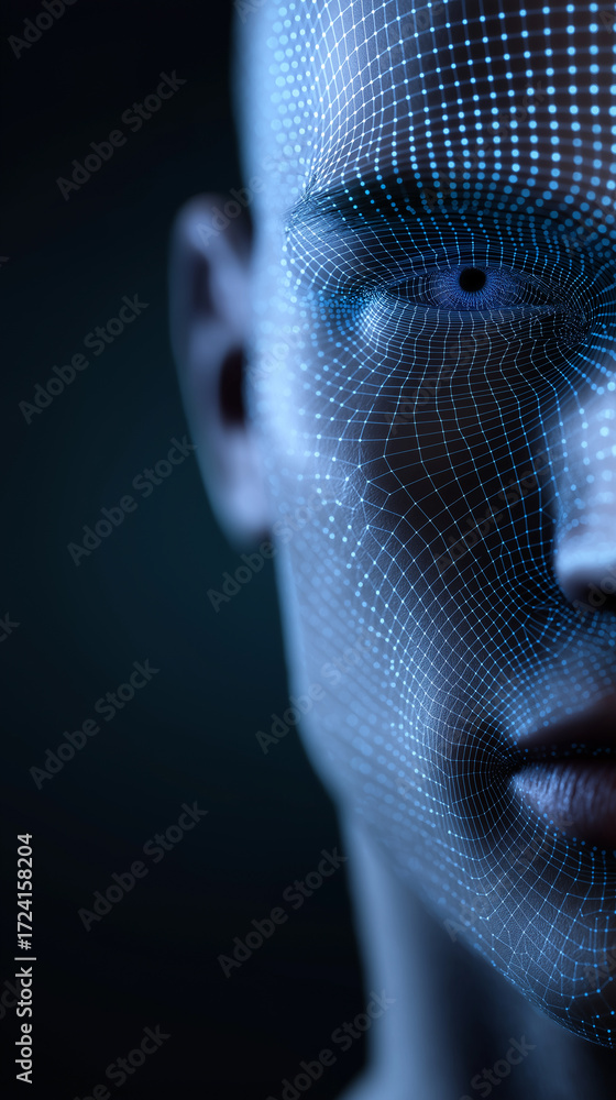 Poster digital 3d face scan with blue glowing grid lines.
