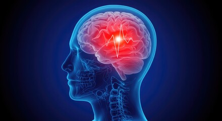 Digital illustration of a human head profile with a glowing red area of pain or activity in the brain