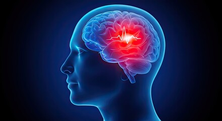 Close up of human head profile with glowing red pain signal in the brain