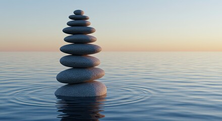 Zen stone stack balanced on calm water surface at sunset with gentle ripples