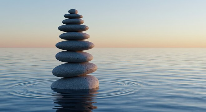 Zen stone stack balanced on calm water surface at sunset with gentle ripples