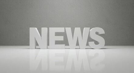 Bold white 3d letters spelling the word news in a studio setting