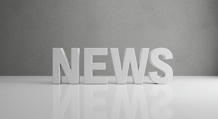 White 3d letters spelling out the word news against a textured gray background