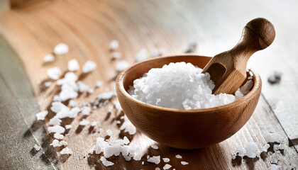 Sea Salt In Wooden Bowl And Scoop