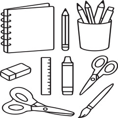 Stationery doodle set, notebook, pencils, ruler, scissors, eraser and brush outline illustration