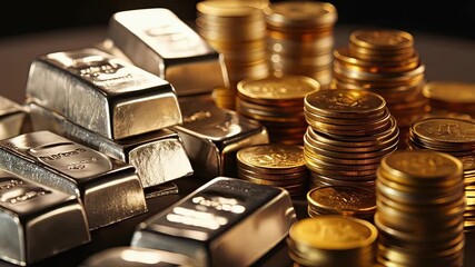 A close-up of a smiling caucasian woman in a business suit holding a phone, with a financial chart showing a graph and stacks of gold coins and bars on a white background. - Powered by Adobe