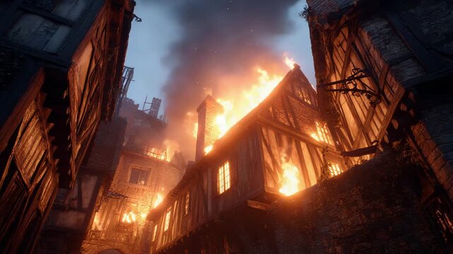 Destructive Fire in a Medieval Town: Dramatic Flames and Smoke