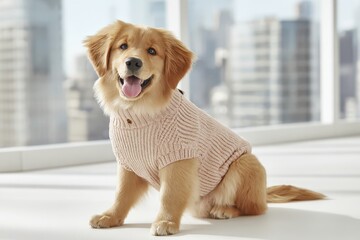 A happy Golden Retriever puppy sits sweetly wearing a cozy beige sweater, looking playfully with its tongue out and a bright, clean window background.