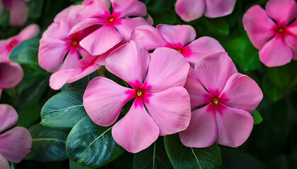 Group Of Pink Vinca Flowers With Vibrant Pink Centers And Green Leaves