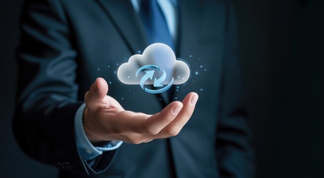 Cloud Technology in Hand: An elegant business professional offers a glowing cloud icon, symbolizing the power and efficiency of cloud technology