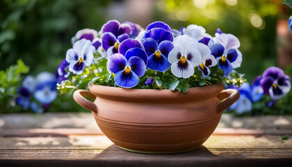 A Clay Pot Overflows With A Vibrant Mix Of Blue White And Purple Pansies Green Foliage And Soft Light Creating A Fresh Nature Inspired Still Life