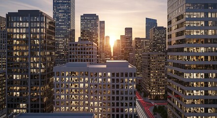 Urban landscape showcasing skyscrapers bathed in golden sunlight at sunset
