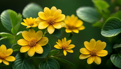 Small Beautiful Yellow Flowers And Green Leaves