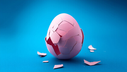Single Pink Easter Egg On Blue Background Broken In Pieces And Opening Like A Hatching Egg Real Dyed Easter Egg Shell Cracked Open Vertically
