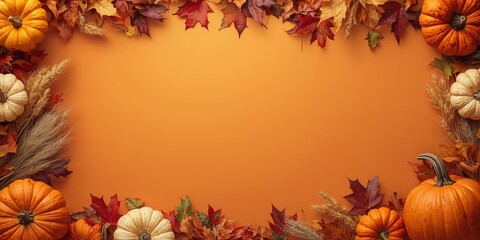Autumnal Decorative Frame with Pumpkins, Colorful Fall Leaves, Dried Grasses along Edges, Orange Backdrop, Photorealistic Textures and Lighting, High Resolution, Isolated Design Element, Seasonal Deco