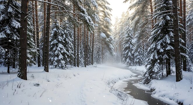 Serene winter landscape of snow-covered forest with stream and tall trees