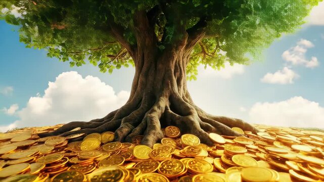A close-up of a hand dropping a money bag with a dollar sign on a field with a small sprout growing into a large tree with golden coins and roots spreading around. Concept of financial growth 