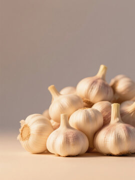 A pile of fresh garlic bulbs on a neutral background