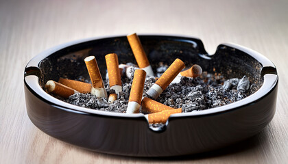 Ashtray Filled With Cigarette Butts And Ash