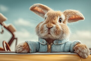 A charming close-up of a fluffy brown rabbit wearing a blue denim jacket, looking over the yellow convertible car door with a bright sky in the background.