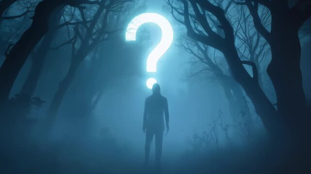 A silhouette of a man standing in a mysterious forest at night with a huge glowing question mark above his head, creating a surreal and eerie atmosphere. Concept of a problem or an unsolved puzzle