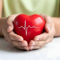 Hands gently holding a red heart with a white electrocardiogram line symbolizing health