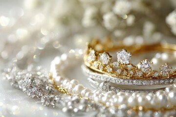 Fototapeta premium A luxurious collection of diamond and pearl jewelry, featuring a golden crown, with a bokeh background, reflecting elegance and opulence and timeless beauty.