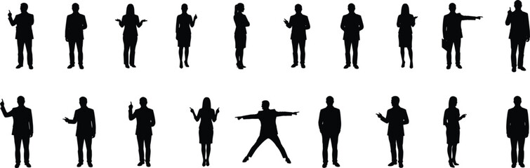 Human gesture silhouettes, expressive body language, standing poses, presentation gestures, communication study, vector illustration, posture diversity, nonverbal behavior