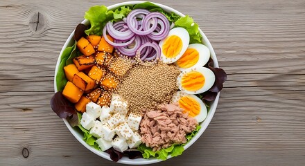 Vibrant healthy balanced lunch bowl, complete with fresh ingredients