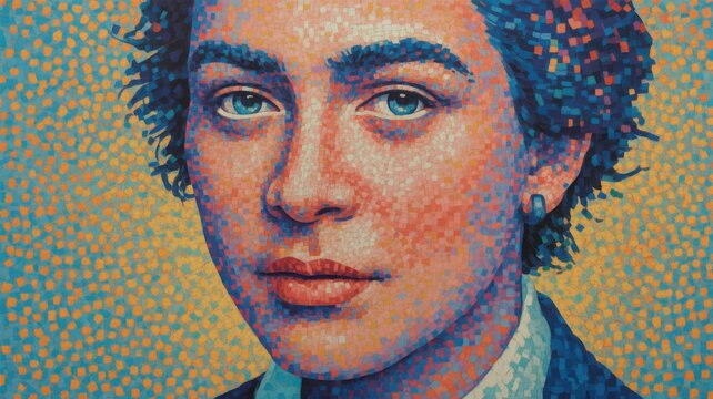 Portrait young woman mosaic style painting dots bright colors unique artwork contemporary abstract