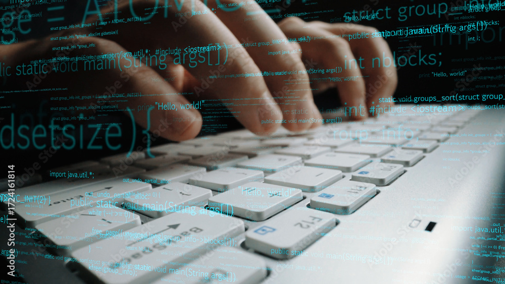 Poster a detailed view of hands typing on a white keyboard, surrounded by digital code and programming synt