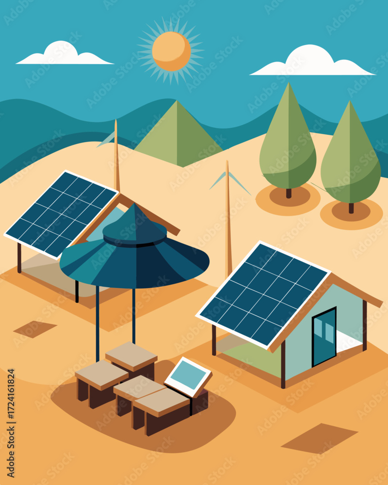 Poster an ecotourist spot with a resort featuring individual solarpowered cabanas each equipped with a char