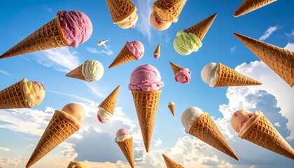 Ice cream cones in flight against a beautiful sky