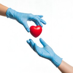 Hands in blue medical gloves passing a red heart symbol on white background