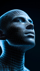 3D wireframe head model illuminated with blue digital light. 
