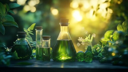 Natural, green liquids in glass bottles on a wooden surface, surrounded by lush greenery, bathed in sunlight