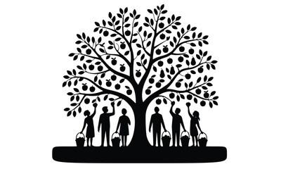 Tree silhouette with roots and family in nature illustration
