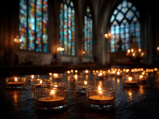 Digital photo of the burning candles on the altar of a Catholic church in the background of the stained glass windows