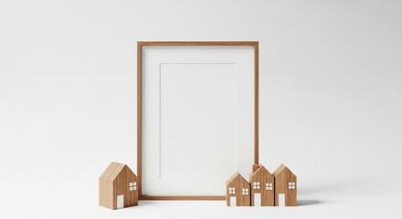 Create your dream home with this stylish frame mockup and charming wooden house miniatures, perfect for real estate marketing and interior design promotions