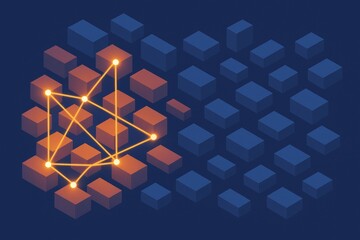 Abstract glowing network lines linking orange cubes among blue blocks, isometric style, dark background, concept of data or tech structure